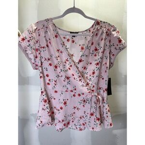 OLM Young Contemporary Pink Floral Faux Wrap Peplum Top XL Short Sleeve